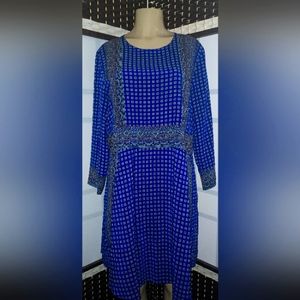 Madewell Blue Silk Ascot Grid Tee Lined Dress 3/4 Sleeve Pockets Large Women's